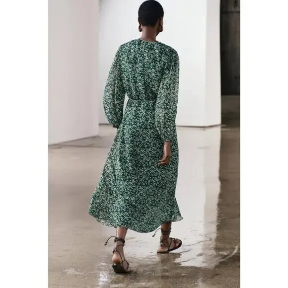 Zara ZW Collection Printed Floral Midi Dress | Green White | Size XS x-small - Picture 10 of 10